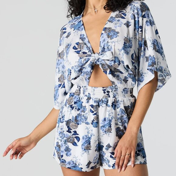 Floral Print Front Tie Cut Out Romper - Picture 1 of 9